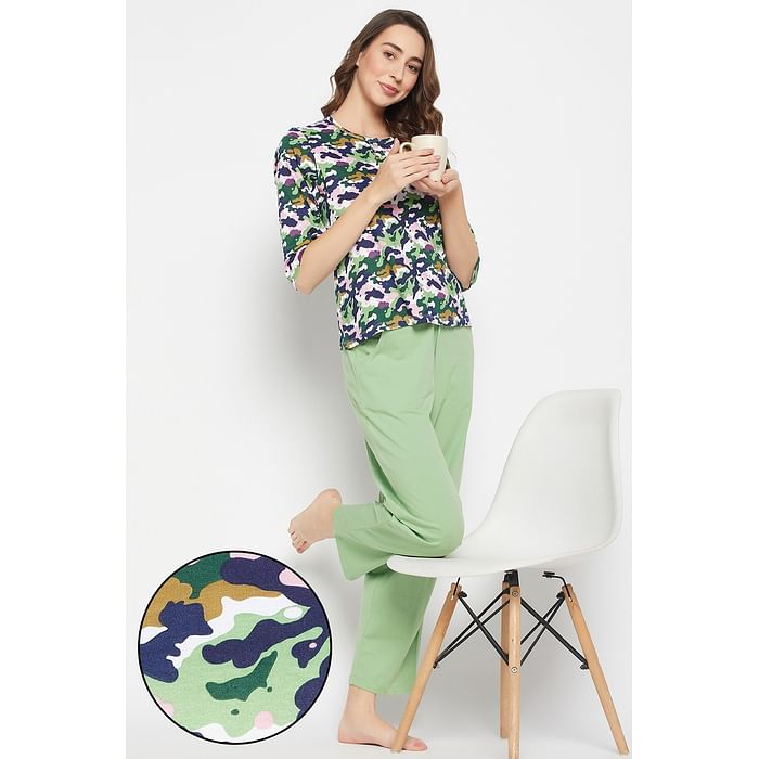 

Clovia Camouflage Print Button Down Top in Multicolour & Chic Basic Pyjama in Sage Green - 100% Cotton - LS0644D19