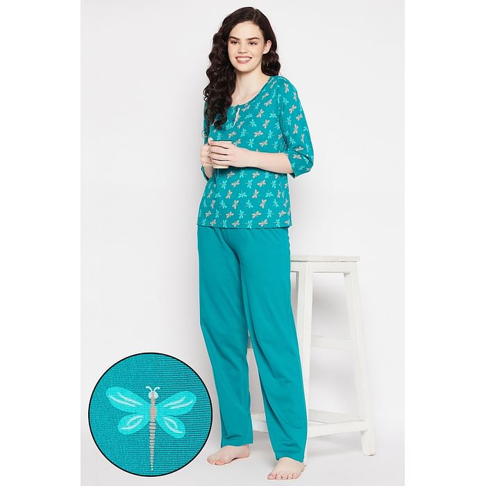

Clovia Butterfly Print Top & Solid Pyjama Set in Teal Blue - 100% Cotton - LS0644P36