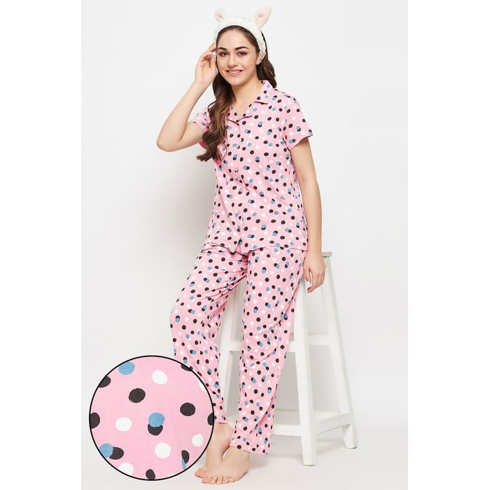 

Clovia Dot Print Button Down Shirt & Pyjama Set in Baby Pink - 100% Cotton - LS0645D22