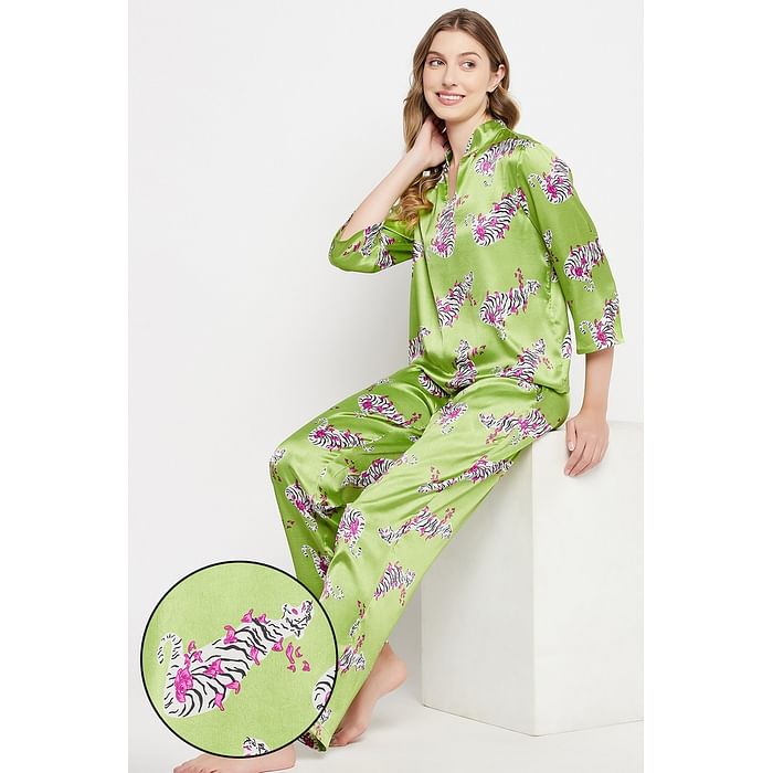 

Clovia Tiger Print Top & Pyjama Set in Lime Green - Satin - LS0649P11, Light green