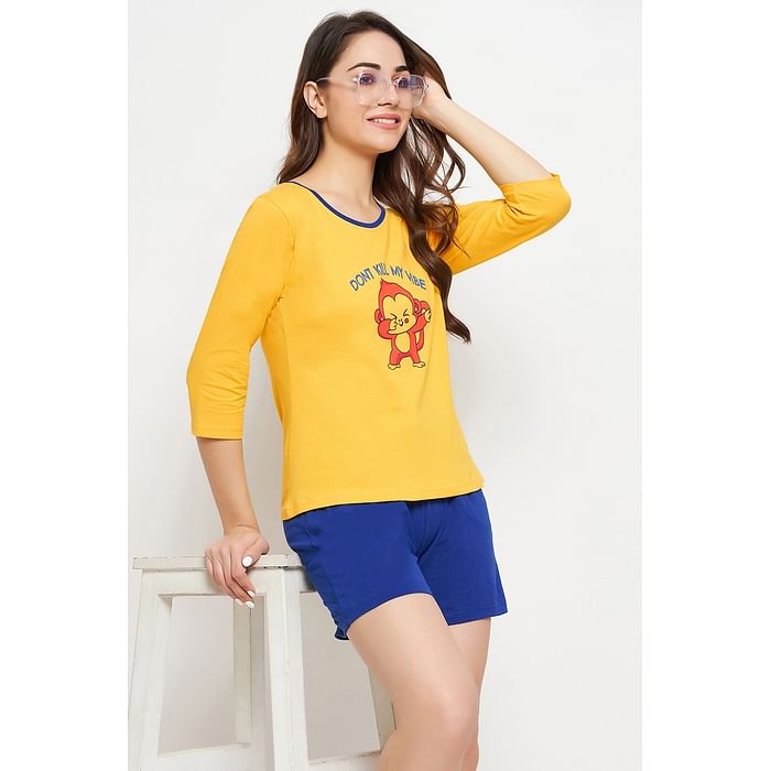 

Clovia Print Me Pretty Top in Yellow & Chic Basic Shorts in Royal Blue - 100% Cotton - LS0661P02, Light yellow