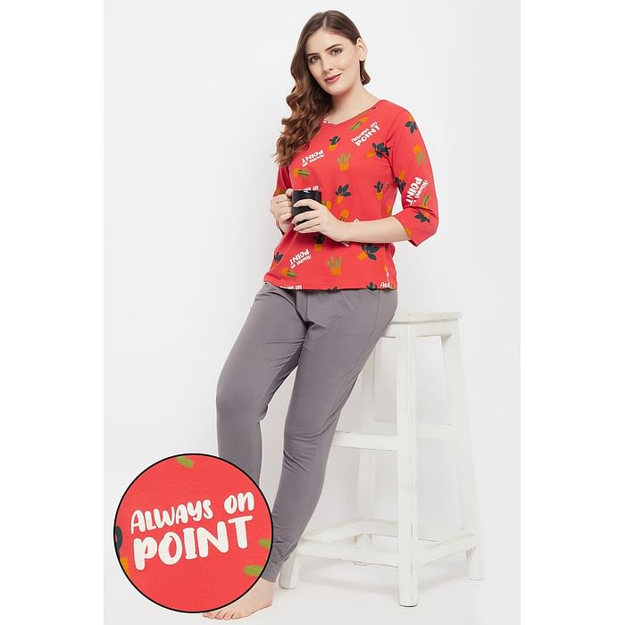 

Clovia Cactus Print Top in Red & Chic Basic Joggers in Grey - 100% Cotton - LS0662P04