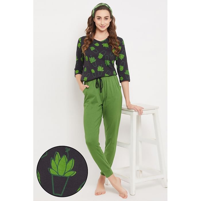 

Clovia Cactus Print Top in Black & Chic Basic Joggers in Green - 100% Cotton - LS0662P13