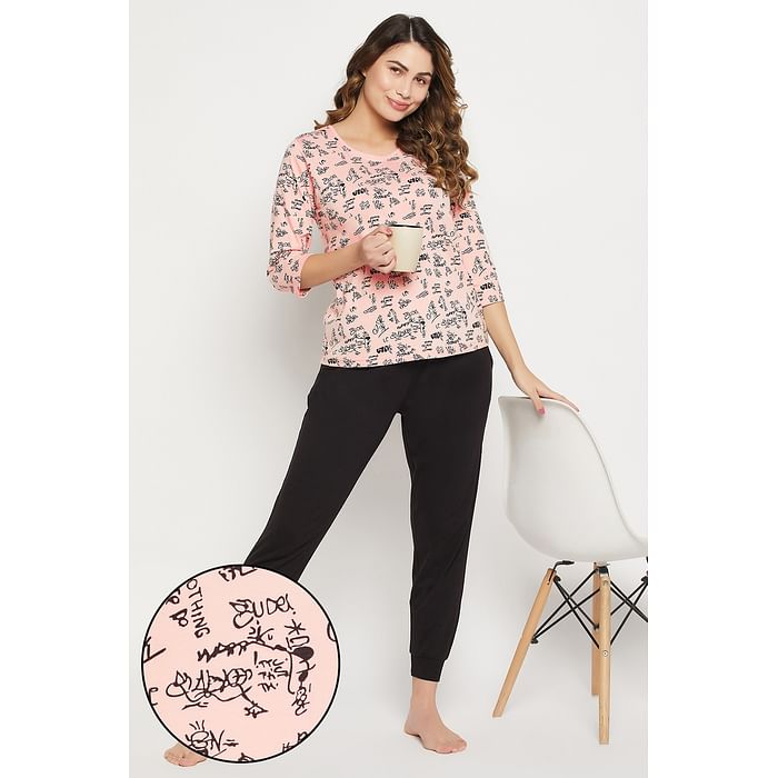 

Clovia Comic Print Top in Baby Pink & Chic Basic Joggers in Black - 100% Cotton - LS0662P22, Light pink