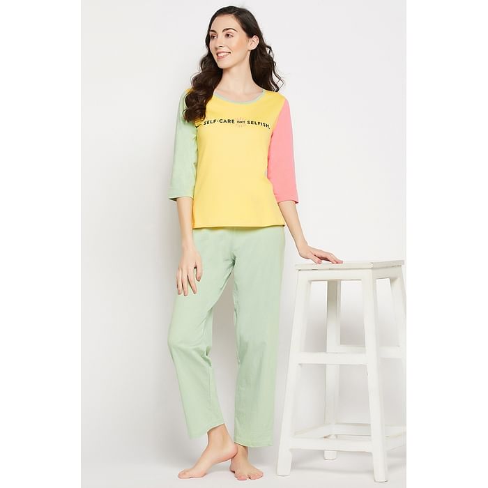 

Clovia Quirky Quotes Colourblocked Top in Yellow & Chic Basic Pyjama in Mint Green - 100% Cotton - LS0664E02, Light yellow