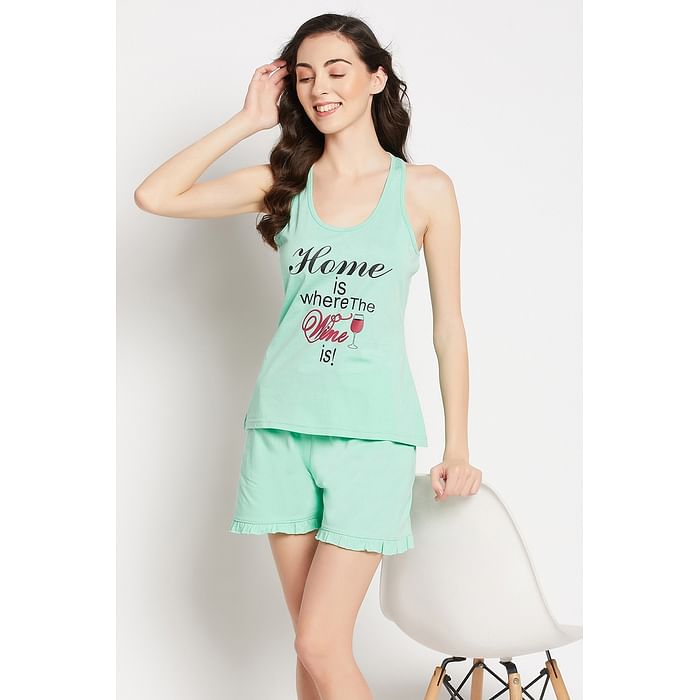 

Clovia Quirky Quotes Tank Top & Chic Basic Shorts Set in Mint Green - 100% Cotton - LS0667P11, Light green