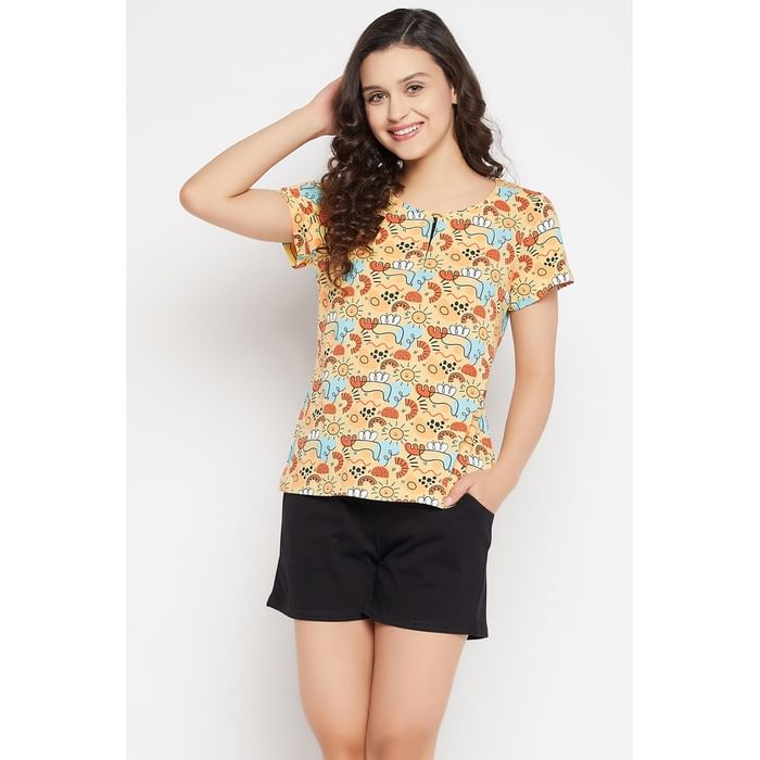 

Clovia Print Me Pretty Top in Yellow & Chic Basic Shorts in Black - 100% Cotton - LS0669P02, Light yellow