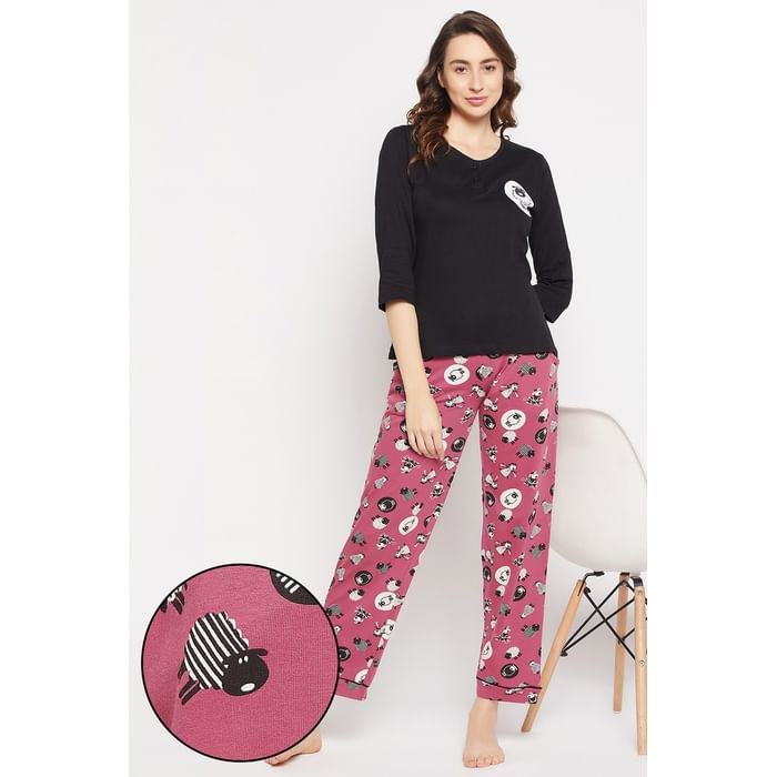 

Clovia Sheep Print Top in Black & Pyjama in Fuchsia Purple - 100% Cotton - LS0672P13