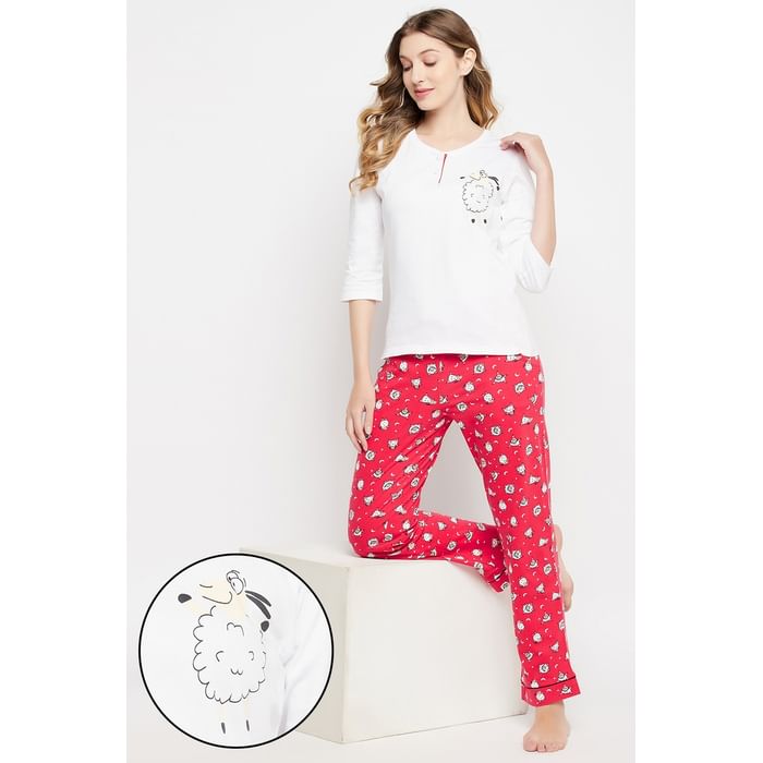 

Clovia Sheep Print Top in White & Pyjama in Red - 100% Cotton - LS0672P18
