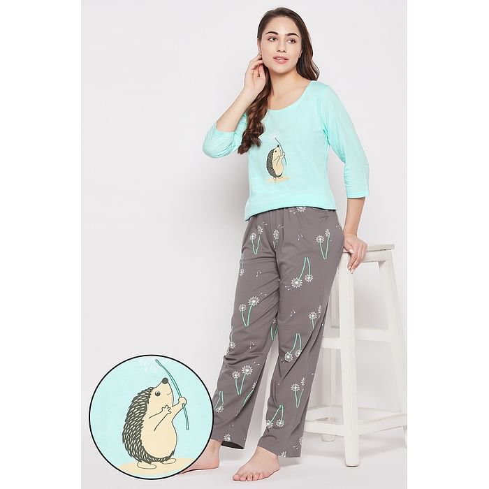 

Clovia Pretty Florals Top in Baby Blue & Pyjama in Light Grey - 100% Cotton - LS0680A03, Light blue