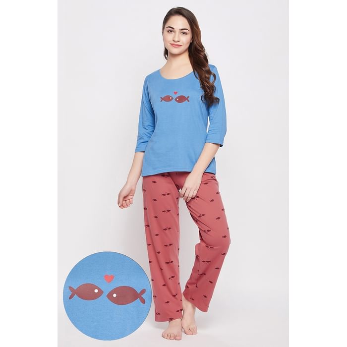 

Clovia Fish Print Top in Sky Blue & Pyjama in Maroon - 100% Cotton - LS0680A08