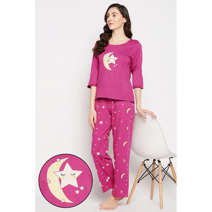 

Clovia Star & Moon Print Top & Pyjama Set in Violet - 100% Cotton - LS0680A15, Purple
