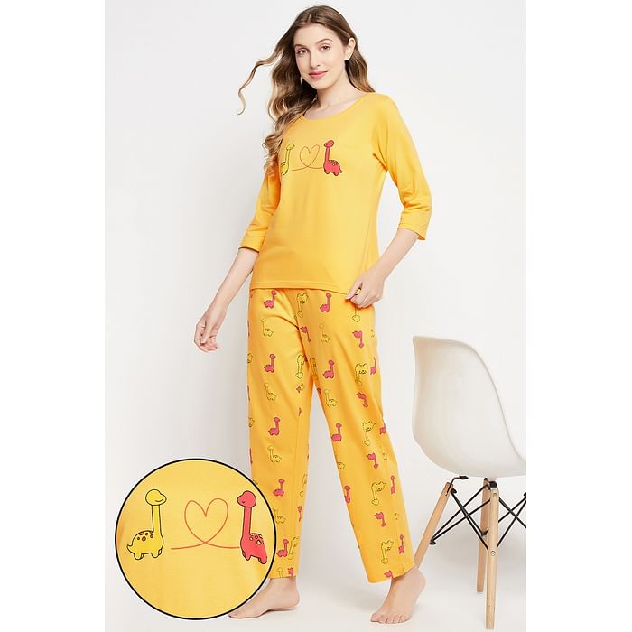 

Clovia Dinosaur Print Top & Pyjama Set in Yellow - 100% Cotton - LS0680D02, Light yellow