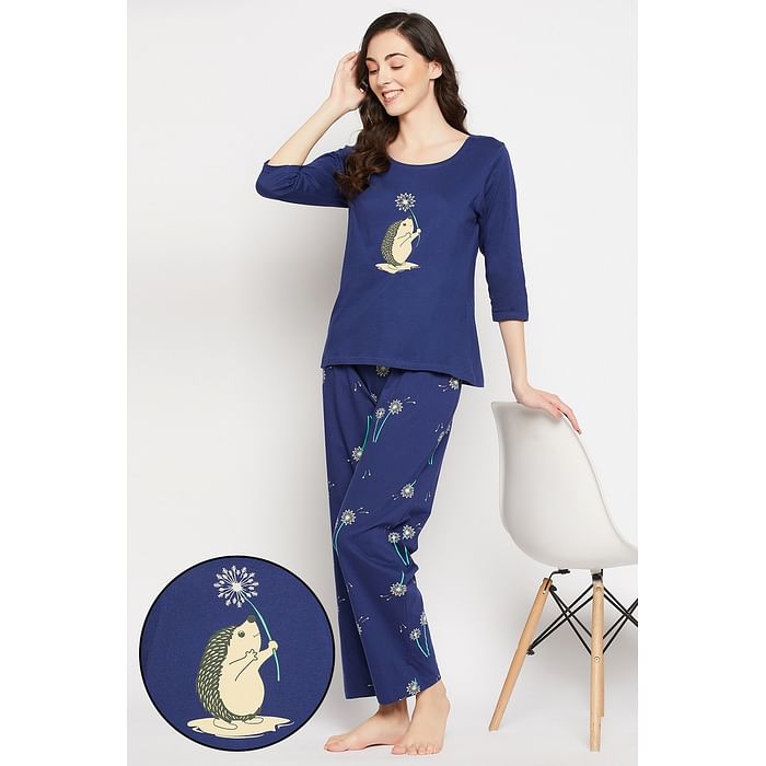 

Clovia Pretty Florals Top & Pyjama Set in Navy - 100% Cotton - LS0680E08