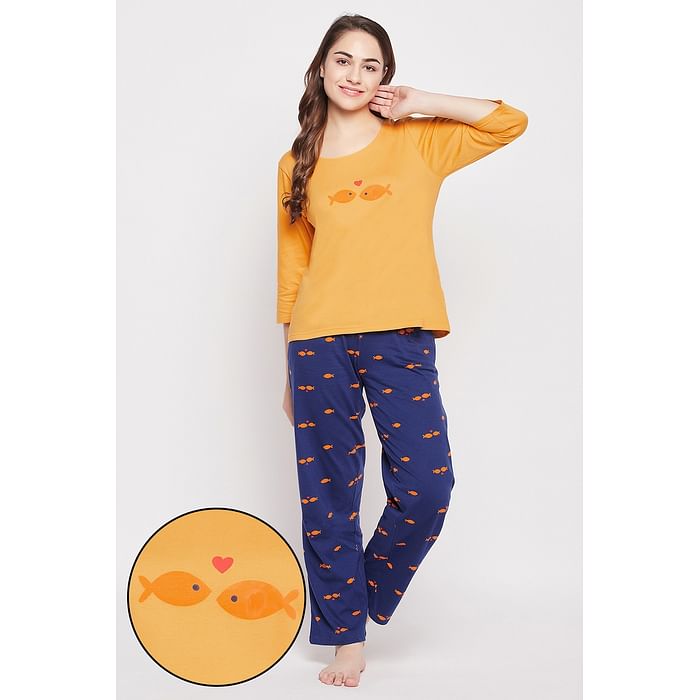 

Clovia Fish Print Top in Yellow & Pyjama in Navy - 100% Cotton - LS0680P07