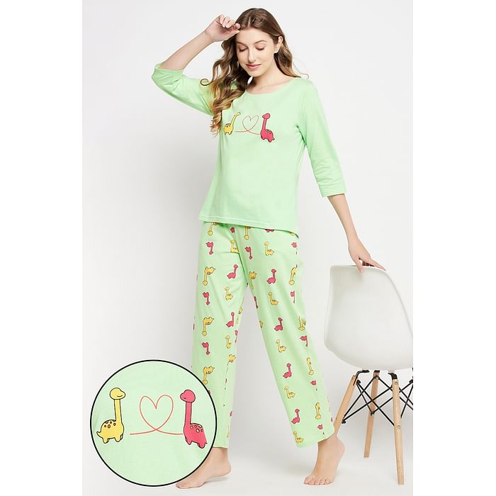 

Clovia Dinosaur Print Top & Pyjama Set in Mint Green - 100% Cotton - LS0680P11, Light green