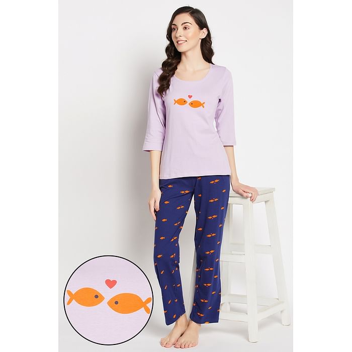 

Clovia Fish Print Top in Lilac & Pyjama in Navy - 100% Cotton - LS0680P12