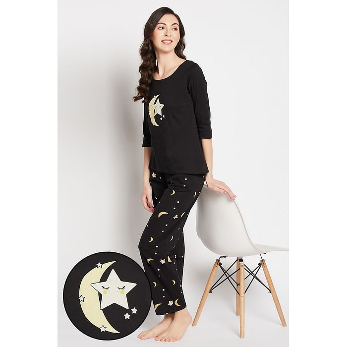 

Clovia Star & Moon Print Top & Pyjama Set in Black - 100% Cotton - LS0680P13