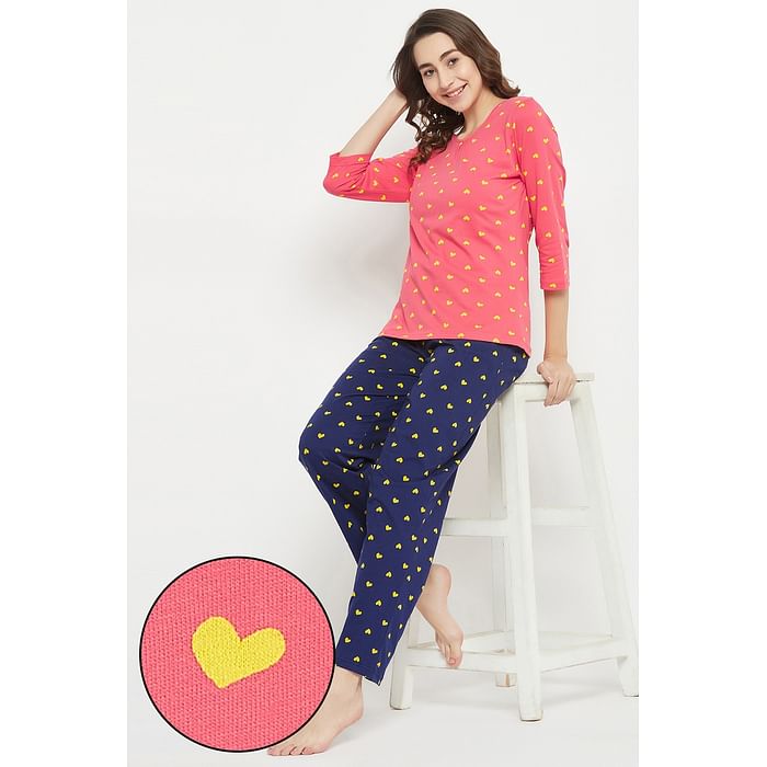 

Clovia Heart Print Top in Peach Colour & Pyjama in Navy - 100% Cotton - LS0680P34