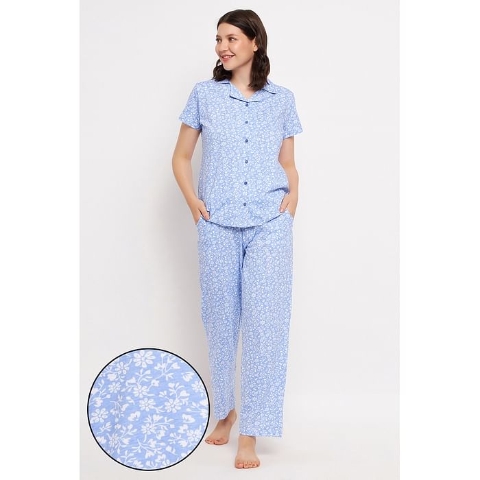 

Clovia Pretty Florals Button Down Shirt & Pyjama Set in Sky Blue - 100% Cotton - LS5200P03