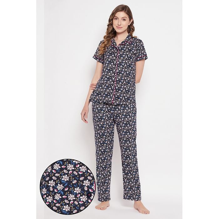 

Clovia Pretty Florals Button Down Shirt & Pyjama Set in Navy - 100% Cotton - LS5200P08