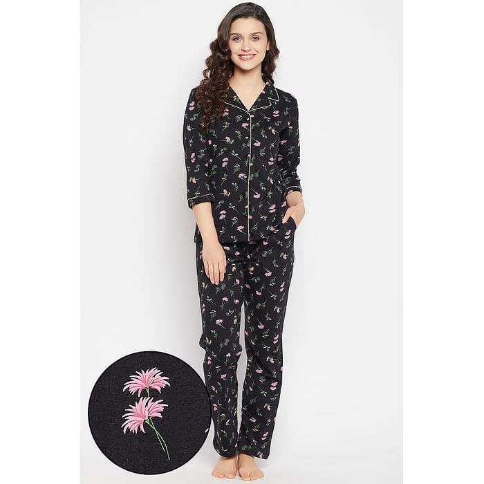 

Clovia Pretty Florals Button Down Shirt & Pyjama Set in Black - 100% Cotton - LS5200P13