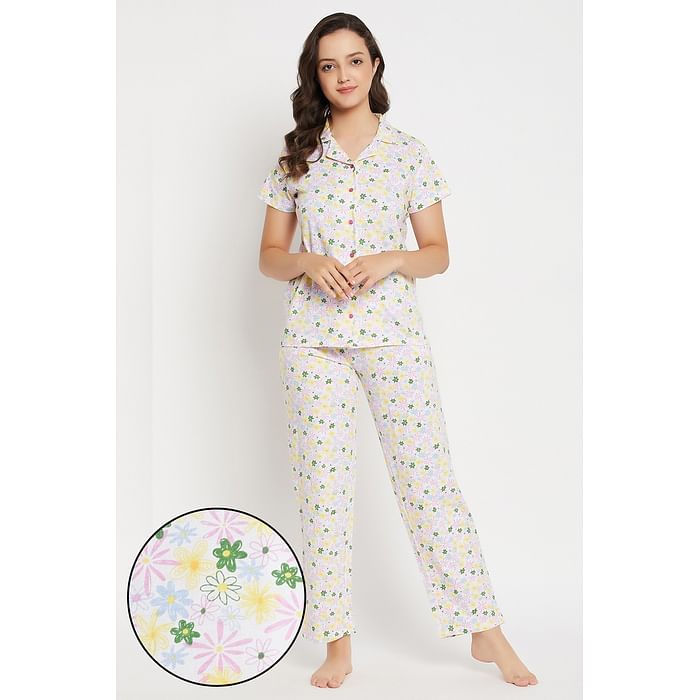 

Clovia Pretty Florals Button Down Shirt & Pyjama Set in White - 100% Cotton - LS5200P18