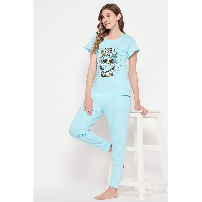 

Clovia Owl Print Top & Chic Basic Joggers Set in Sky Blue - 100% Cotton - LS5202P03