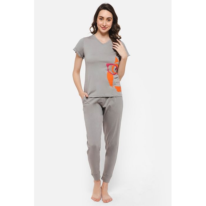 

Clovia Owl Print Top & Joggers Set in Ash Grey - 100% Cotton - LS5202P05