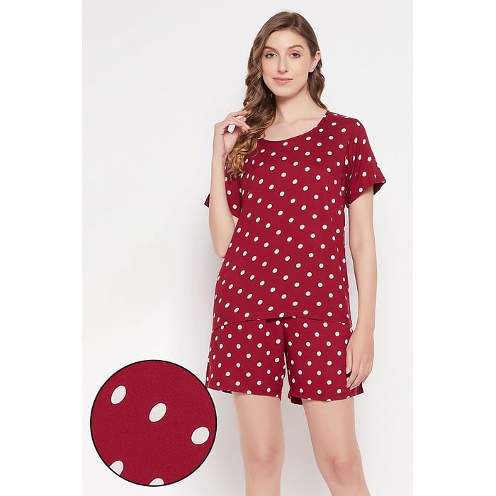 

Clovia Polka Dot Print Top & Shorts in Maroon - Rayon - LS5208P09