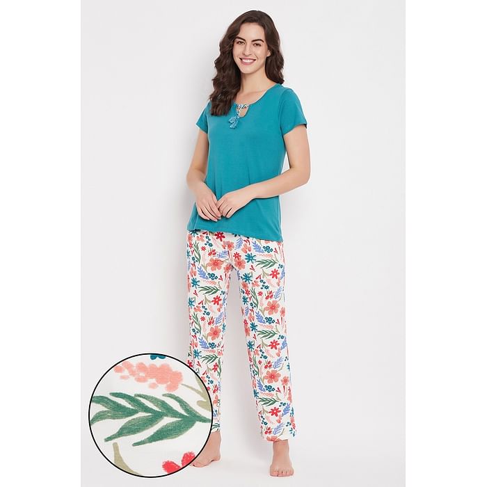 

Clovia Chic Basic Top in Teal Green & Pretty Florals Pyjama in White - 100% Cotton - LS5209P36