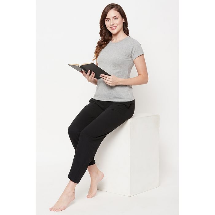 

Clovia Chic Basic Top & Pyjama Set in Light Grey & Black - 100% Cotton - LSC001A01