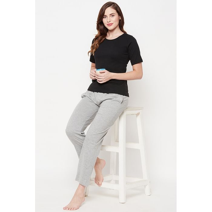 

Clovia Chic Basic Top & Pyjama Set in Black & Grey Melange - 100% Cotton - LSC001A13