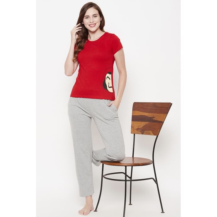 

Clovia Graphic Print Top & Solid Pyjama Set in Red & Grey - 100% Cotton - LSC001B04