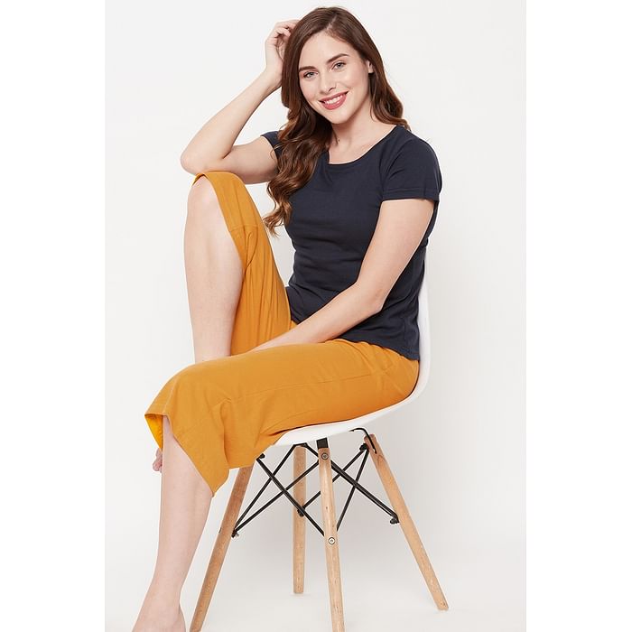 

Clovia Chic Basic T-shirt in Navy & Capri in Mustard Colour - 100% Cotton - LSC001B08