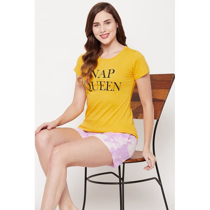 

Clovia Text Print Top & Tie-Dye Print Boxer Shorts in Yellow & Lilac - 100% Cotton - LSC001C02, Light yellow