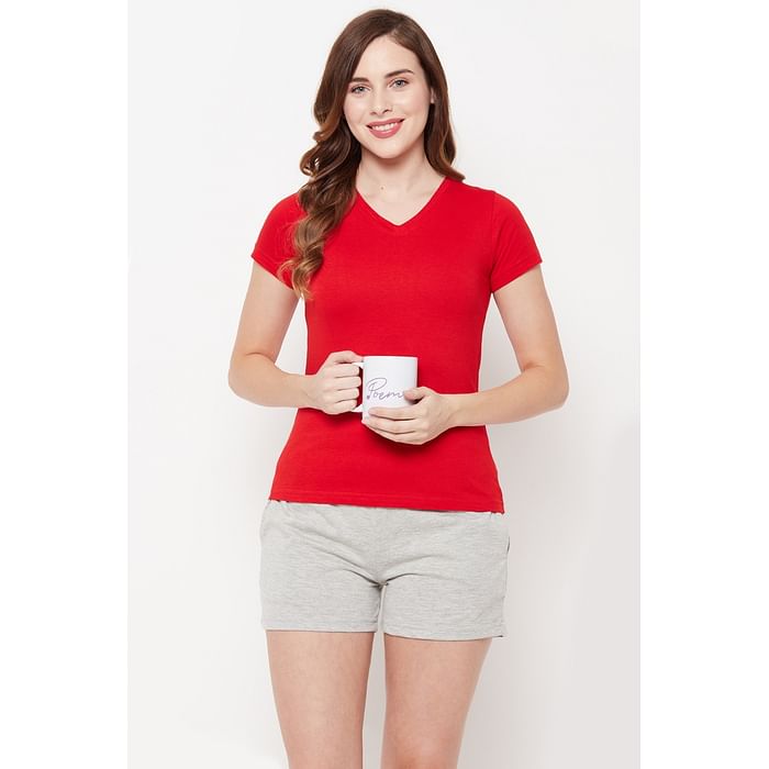 

Clovia Chic Basic Top & Boxer Shorts Set in Red & Light Grey - 100% Cotton - LSC001C04