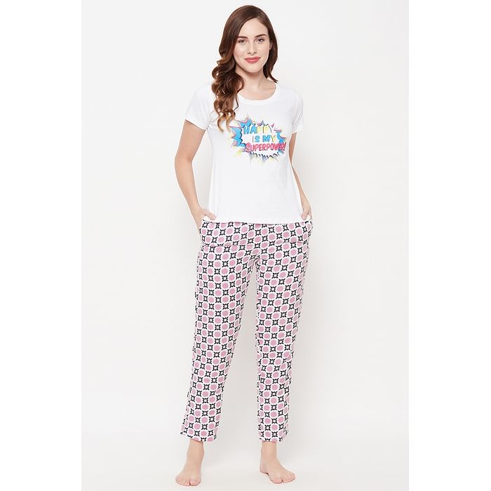 

Clovia Text & Graphic Print Top & Print Me Pretty Pyjama Set in White - 100% Cotton & Rayon - LSC001C18