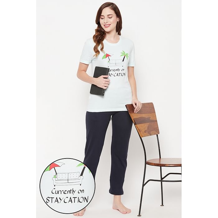 

Clovia Text & Graphic Print Top & Solid Pyjama Set in Sky Blue & Navy - 100% Cotton - LSC001D03, Light blue