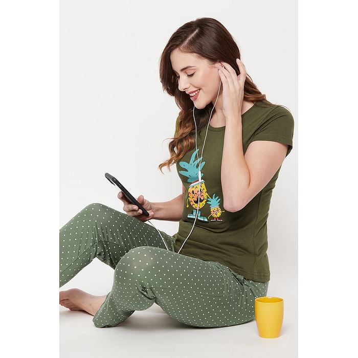 

Clovia Tooty Fruity Top & Polka Print Pyjama Set in Dark Green - 100% Cotton - LSC001D17