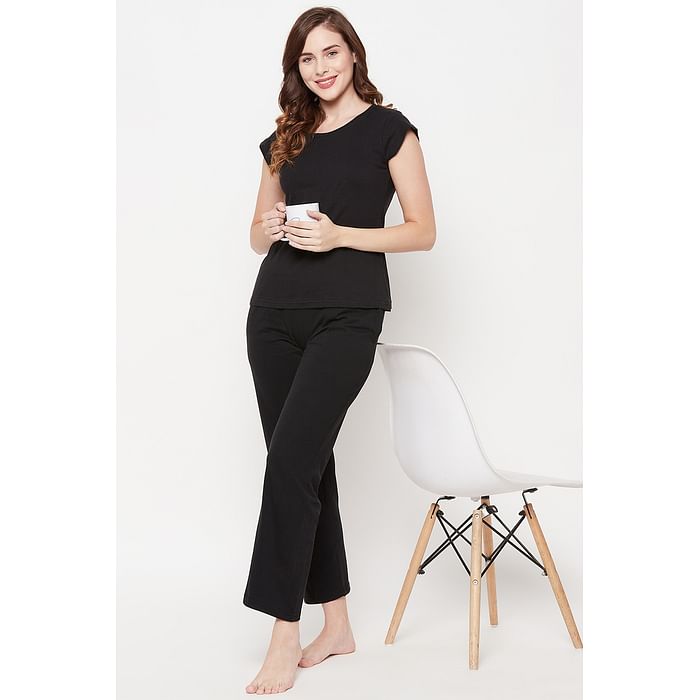 

Clovia Chic Basic Top & Pyjama Set in Black - 100% Cotton - LSC001E13