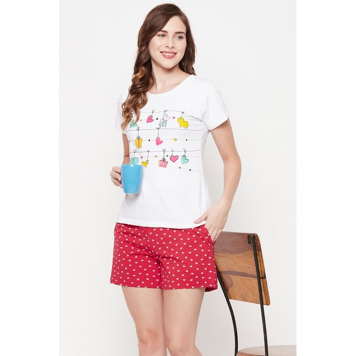 

Clovia Print Me Pretty Top & Heart Print Boxer Shorts Set in White & Red - 100% Cotton - LSC001E18