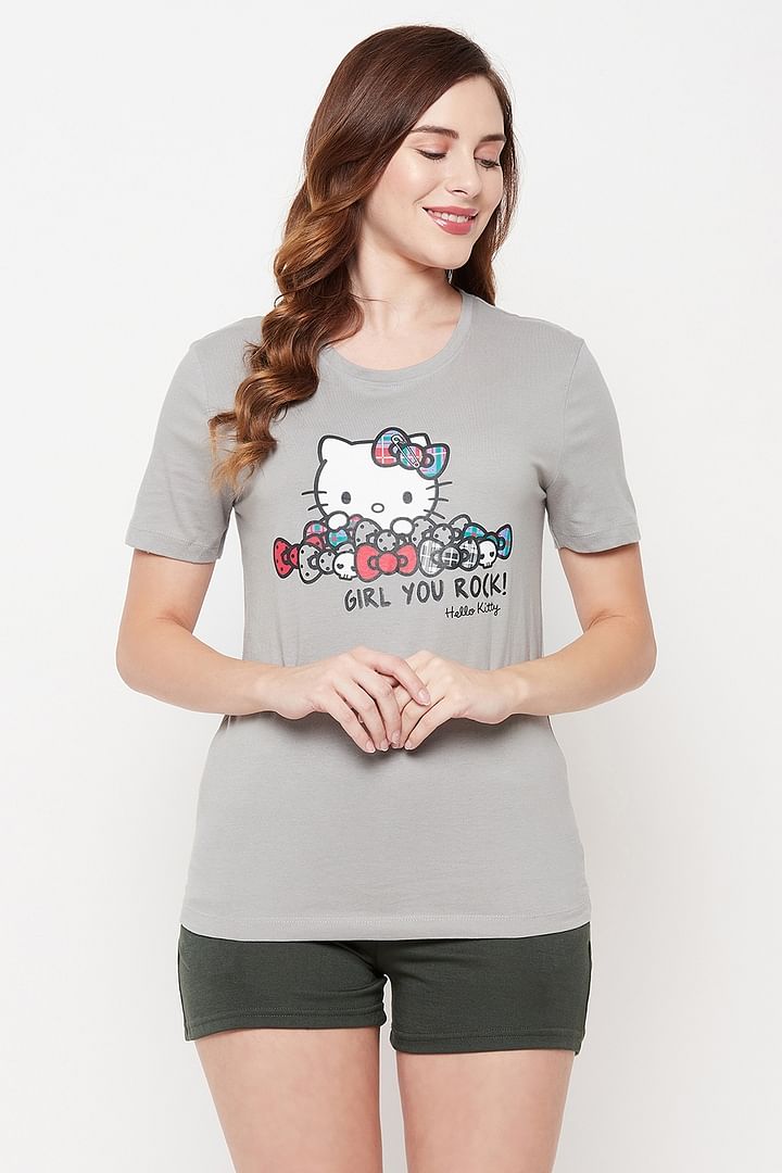 Buy Hello Kitty Text & Graphic Print Sleep T-shirt in Light Grey