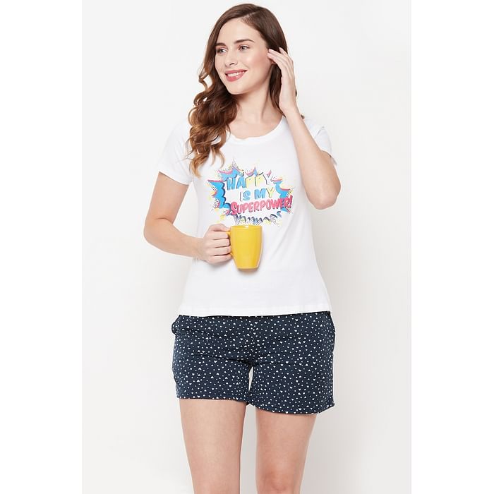 

Clovia Text Print Top in White & Heart Print Boxer Shorts in Navy - 100% Cotton - LSC001F18