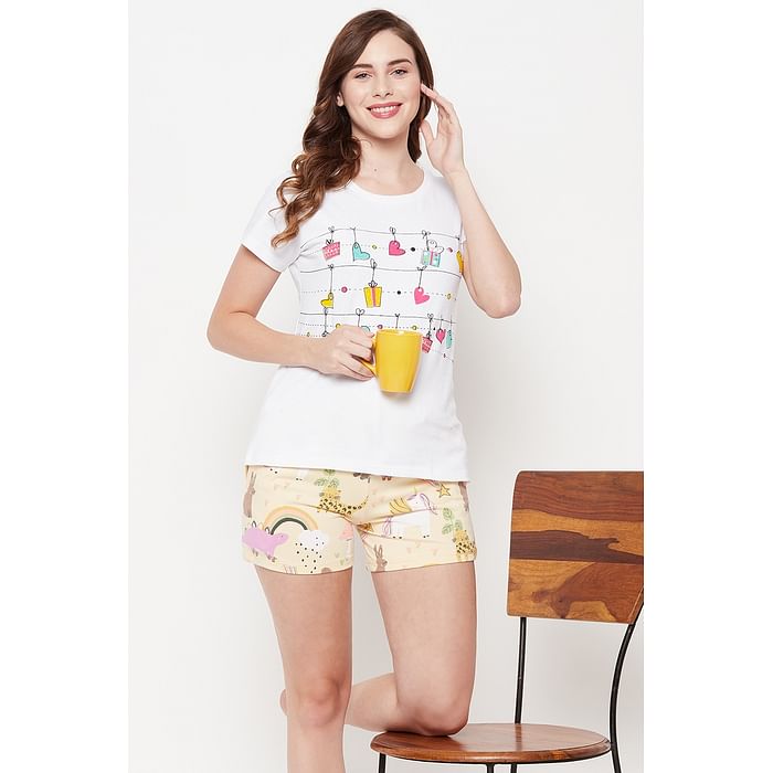 

Clovia Print Me Pretty Top & Boxer Shorts Set in White & Light Yellow - 100% Cotton - LSC001G18