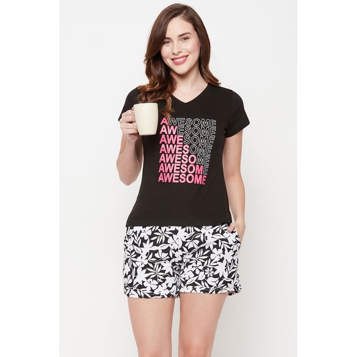 

Clovia Text Print Top & Pretty Floral Boxer Shorts Set in Black & White - 100% Cotton - LSC001H13