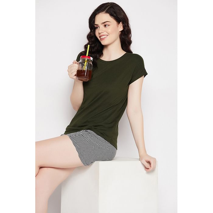 

Clovia Chic Basic Top in Olive Geen & Sassy Stripes Boxer Shorts in White - 100% Cotton - LSC006P99, Assorted