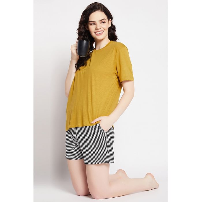 

Clovia Chic Basic Top in Mustard Yellow & Sassy Stripes Boxer Shorts in White - 100% Cotton - LSC007P99, Assorted