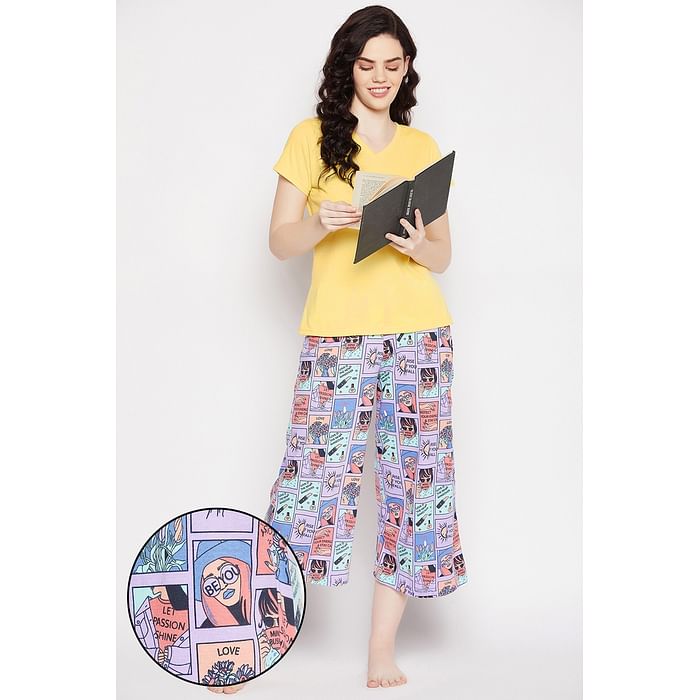 

Clovia Chic Basic Top in Yellow & Comic Print Flared Capri in Multicolour - 100% Cotton - LSC009P99, Assorted