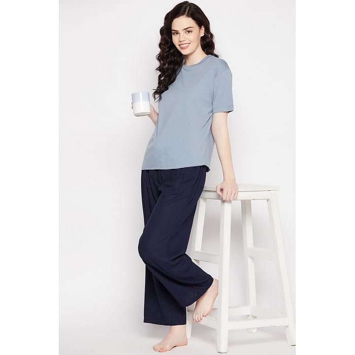 

Clovia Chic Basic Top in Powder Blue & Chic Basic Wide Leg Pyjama in Navy - LSC011P99, Assorted